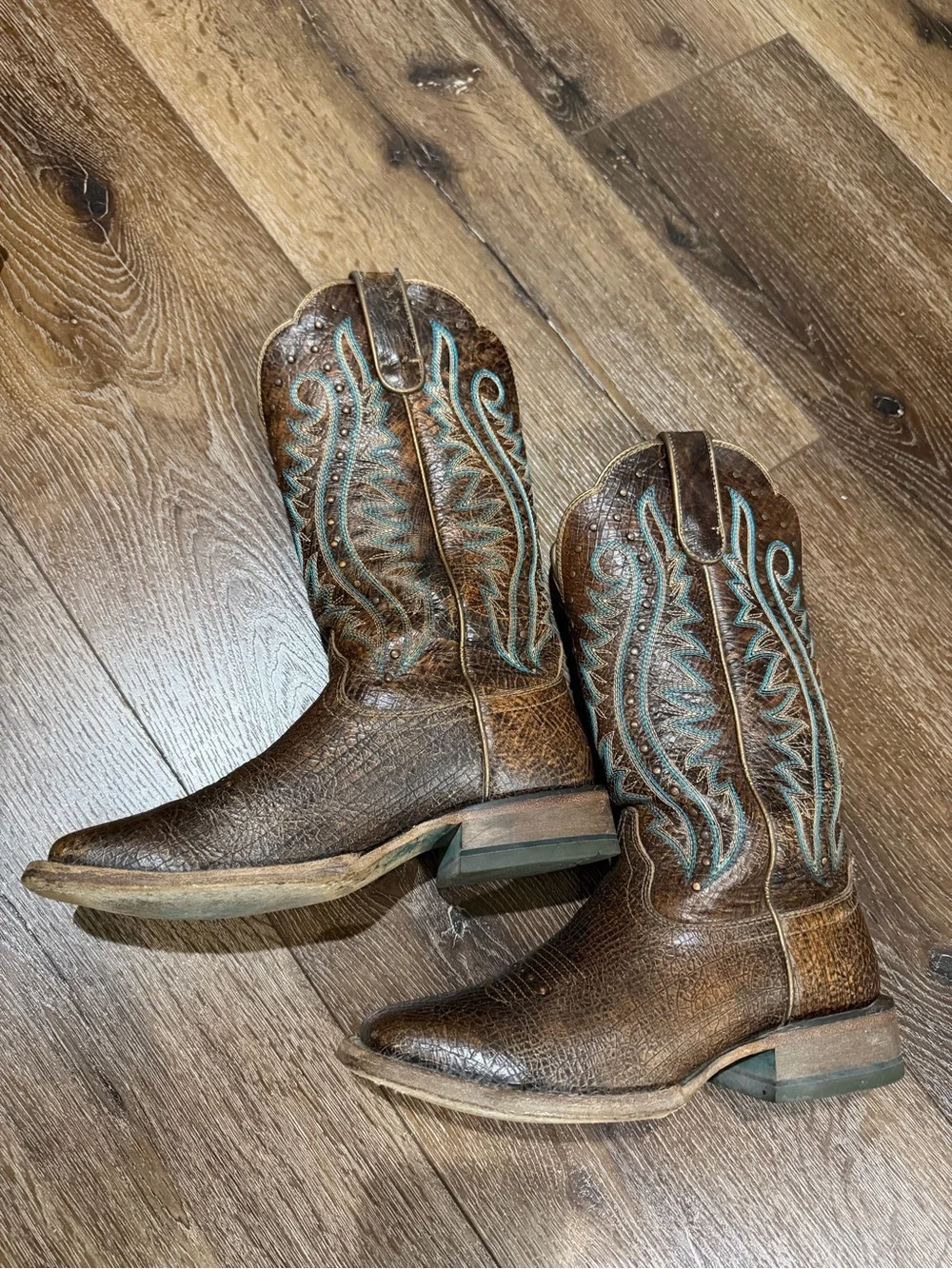 Ariat Brown montage crackle Western Cowboy Boots Turquoise Stitching size 7.5
